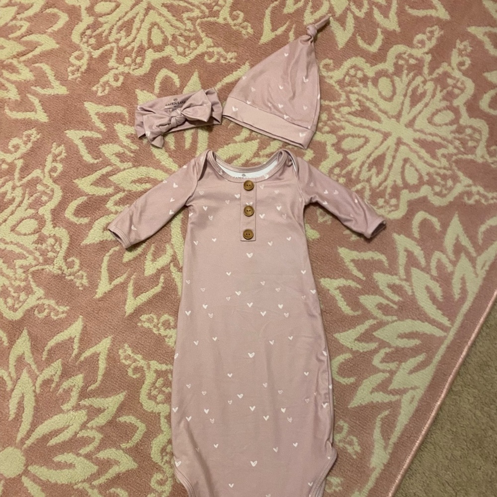Caden Lane knot gown with hat and headband.   Heart Print